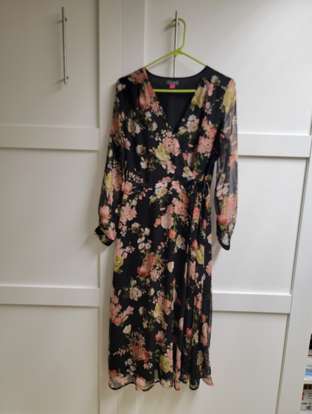 Vince Camuto Floral Wrap Midi Dress - Black with Pink & Green Floral